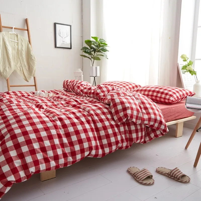 Solstice Home Textile Red Plaid Lattice Duvet Cover Pillowcase Flat Bed Sheet Nordic Simple Cotton Girls Bedding Linens Set Full | Дом и сад