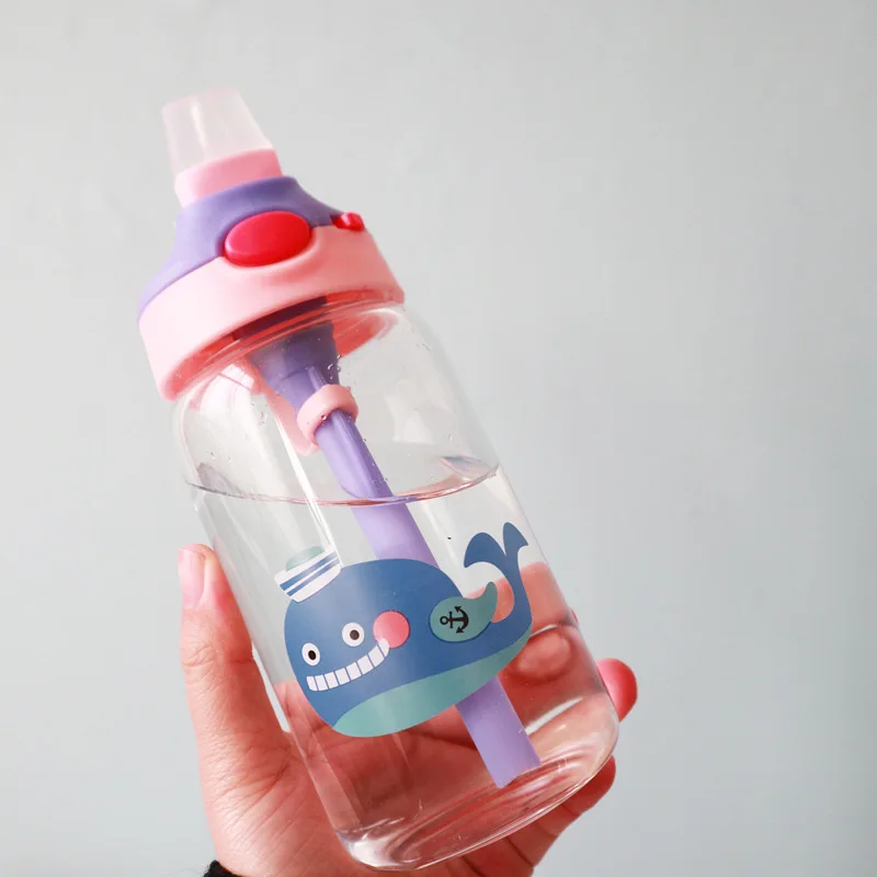 Дети животные стеклянная бутылка для воды с соломенной сумкой ремень перевозчик блокировка верхней крышкой герметичность BPA бесплатно для девочек мальчиков путешествия туризм 500 мл