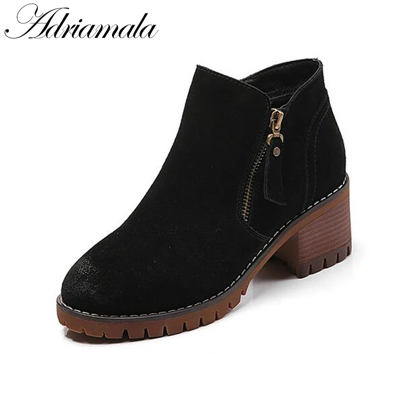 Зимние женские ботильоны 2017 Разделение кожа круглый носок квадратный каблук