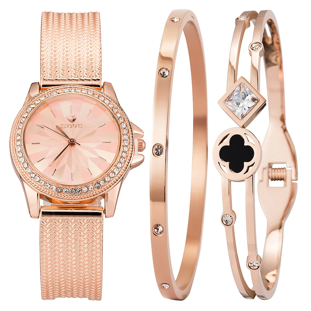 ZONMFEI Brand Wristwatch Women Fashion bracelet set popular stainless steel diamond quartz watches pink gold band with gift box | Наручные