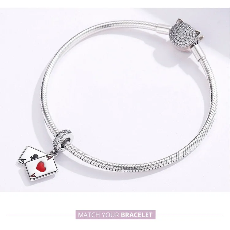 Fit Pandora браслет серебро 925 красный персик амулеты черная эмаль покер сердце карты бусины для изготовления ювелирных изделий женщин DIY