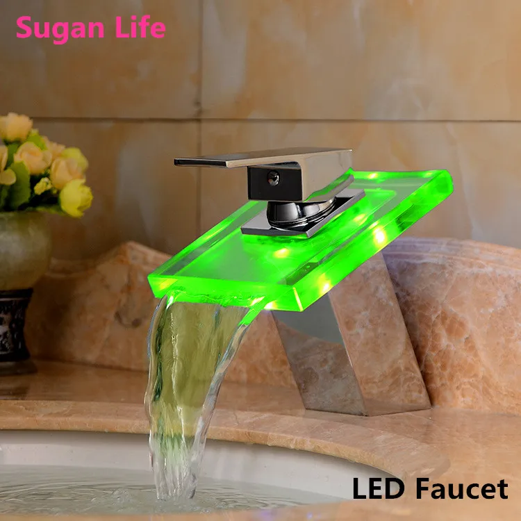 LED Color Changes Glass Waterfall Basin Faucet Bathroom Bath Tub Sink Mixer Tap Single Handle Kitchen Water Chrome Finish | Обустройство