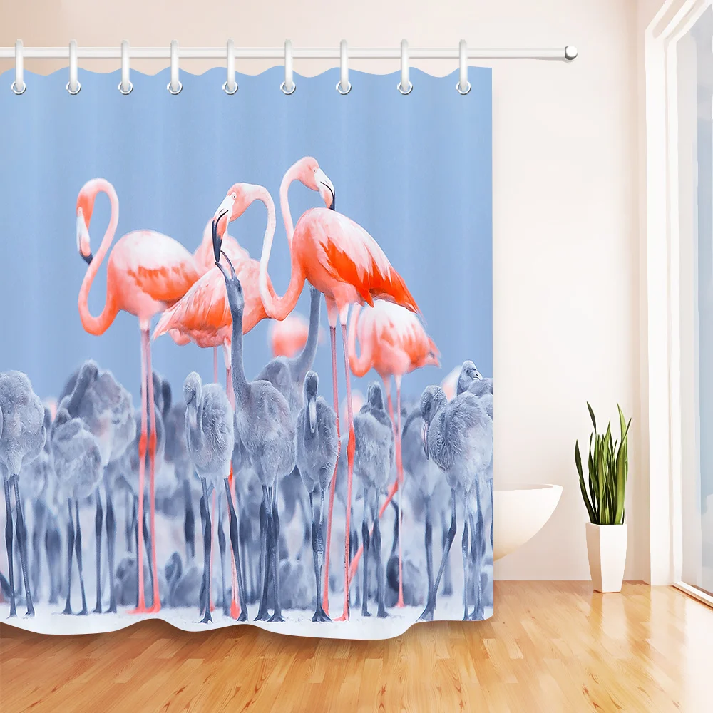 

Pink Flamingos in the silver Flamingos Scenery Waterproof Bathroom Shower Curtain Polyester Fabric Bathroom Curtain & 12 Hooks