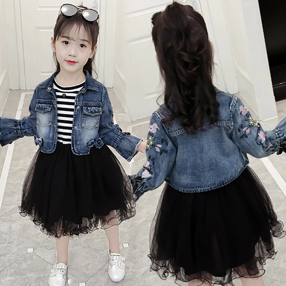 

Spring Children's Clothing Sets For Girls Denim Kids Clothing Suit Mesh Clothes For Teenage Girls Jacket Princess Dress 2 Pcs