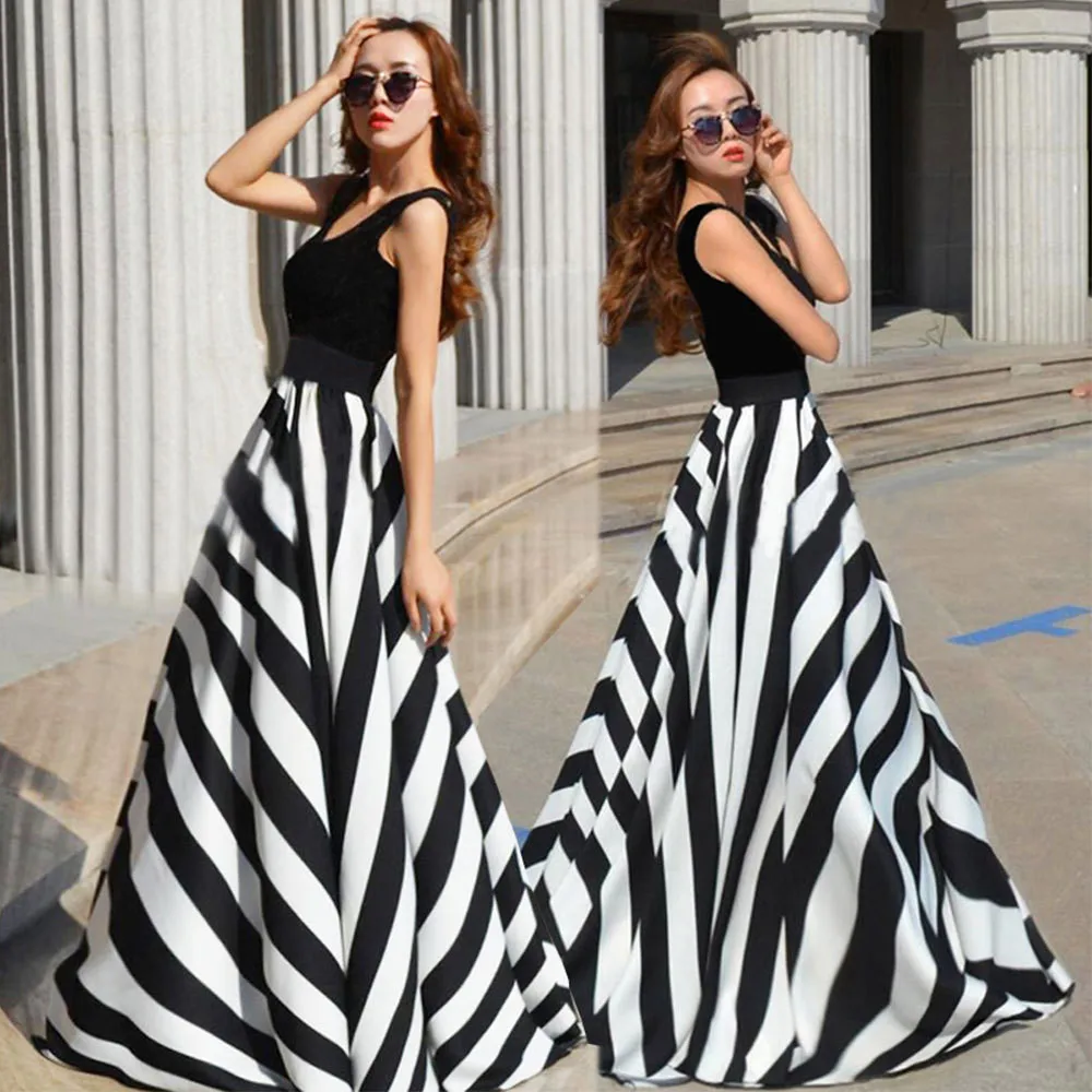 Женское летнее платье без рукавов в полоску длинное вечернее большого размера