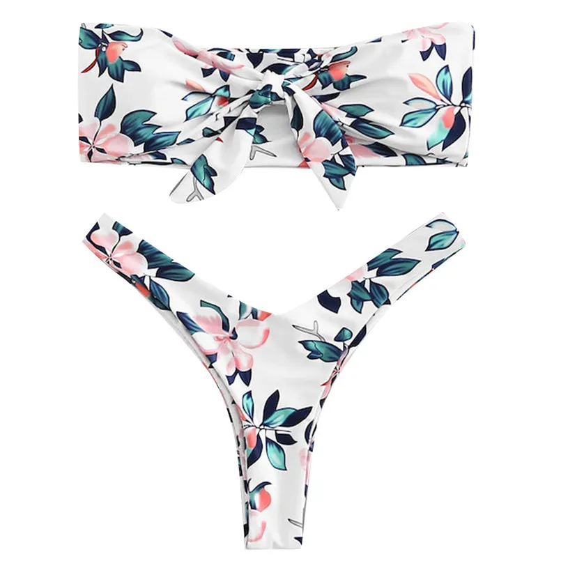 Ladies solid color split bodice bow bathing suit sexy strapless backless push up padded bra bearwear Swimwear Set 40mr26 | Женская