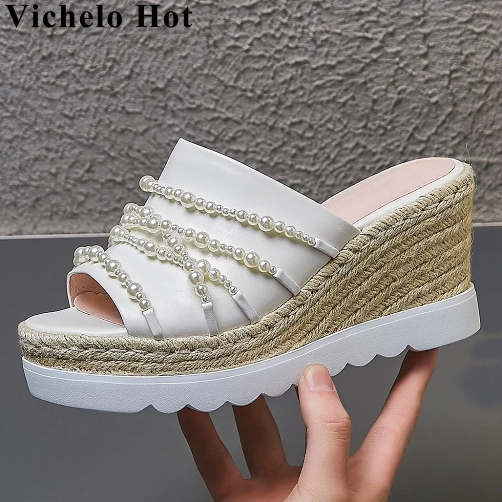 Туфли Vichelo из натуральной кожи с жемчугом на танкетке высоком каблуке британский