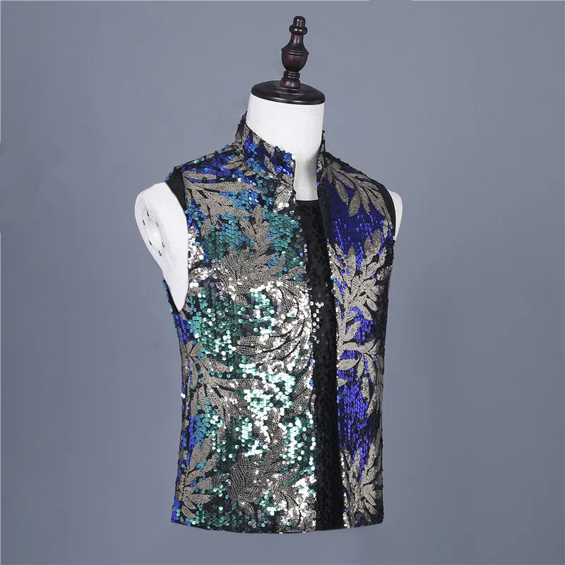 Tide Male Singer Nightclub Costume Vintage Golden Green Sequins Vest Slim Waistcoat Drum Dancer Bar Stage Performance | Мужская одежда