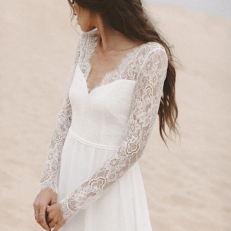 Простое шифоновое кружевное платье с v-образным вырезом Vestidos De Novia открытой