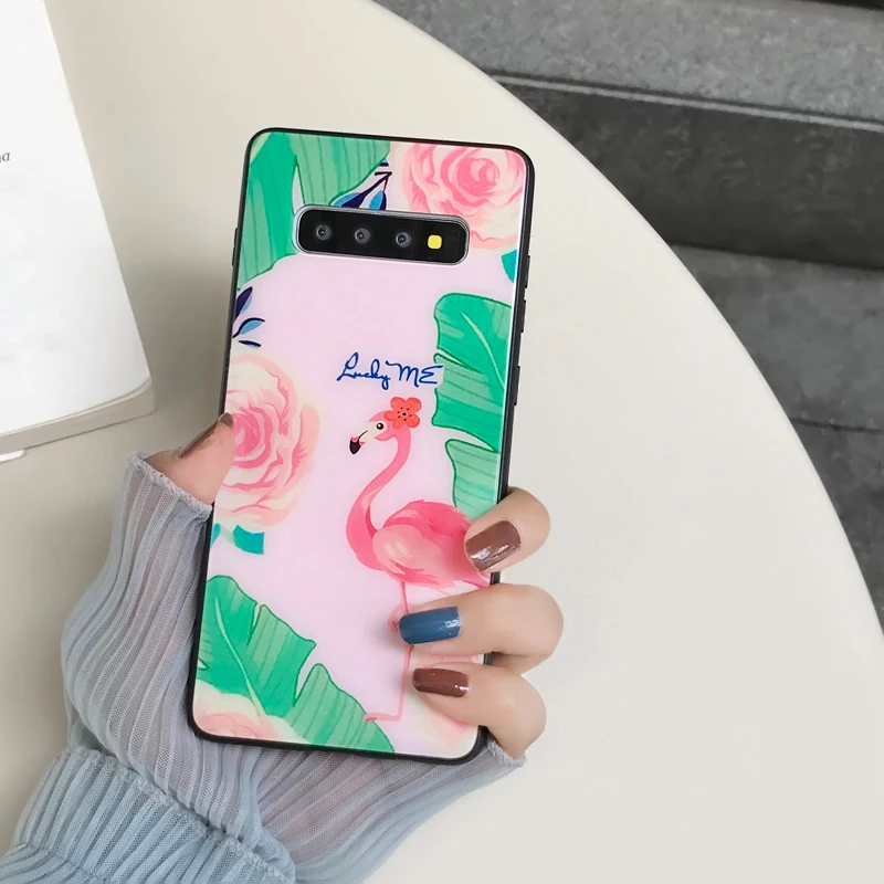 YHBBCASES Cartoon Tempered Glass Cases For Samsung Galaxy S10 S8 S9 Plus Banana Leaf Flamingo Phone Cover Note 8 9 | Мобильные