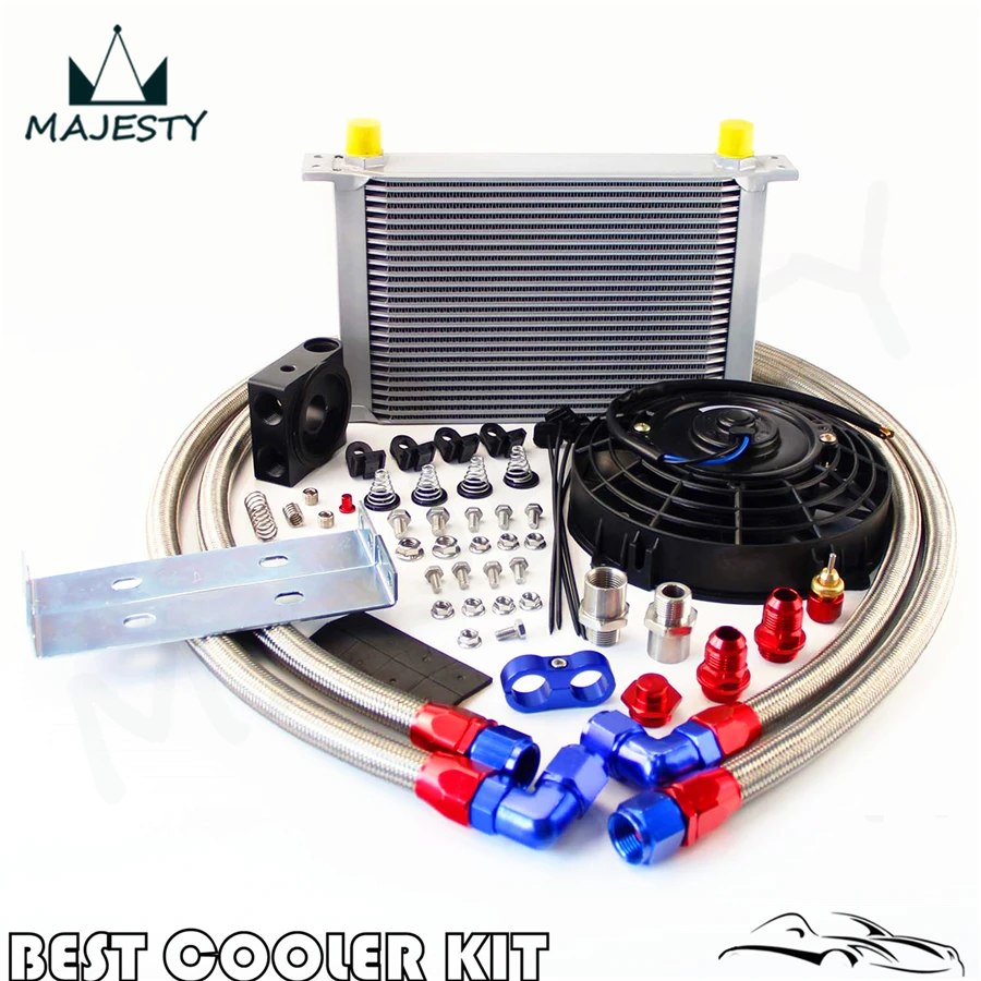Universal AN10 25 Row Oil Cooler Thermostat Sandwich +7&quot Electric Fan kit |