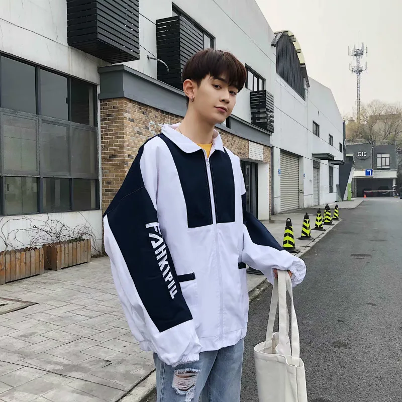 

NewThin Jacket Male Tide Brand Spelling Color Work Clothes Loose Coat Student windbreaker Street Trend Hip-hop Japan Style