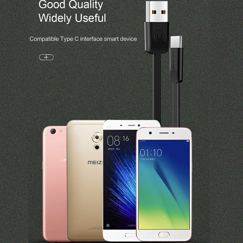 USAMS Быстрая зарядка usb type C кабель для One Plus 6 плоский USB зарядное устройство samsung Galaxy