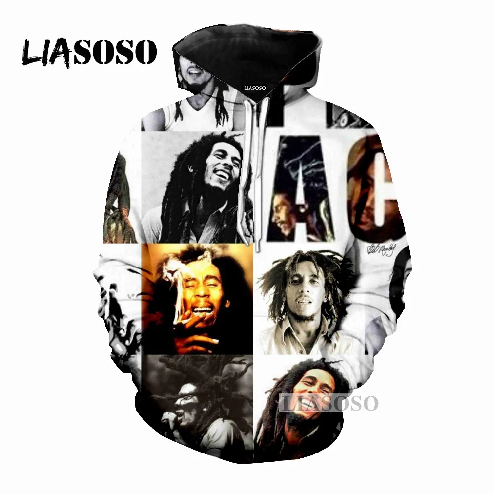 LIASOSO 2018 Новая мода Регги Кинг Боб Марли 3D принт для женщин и мужчин толстовки с