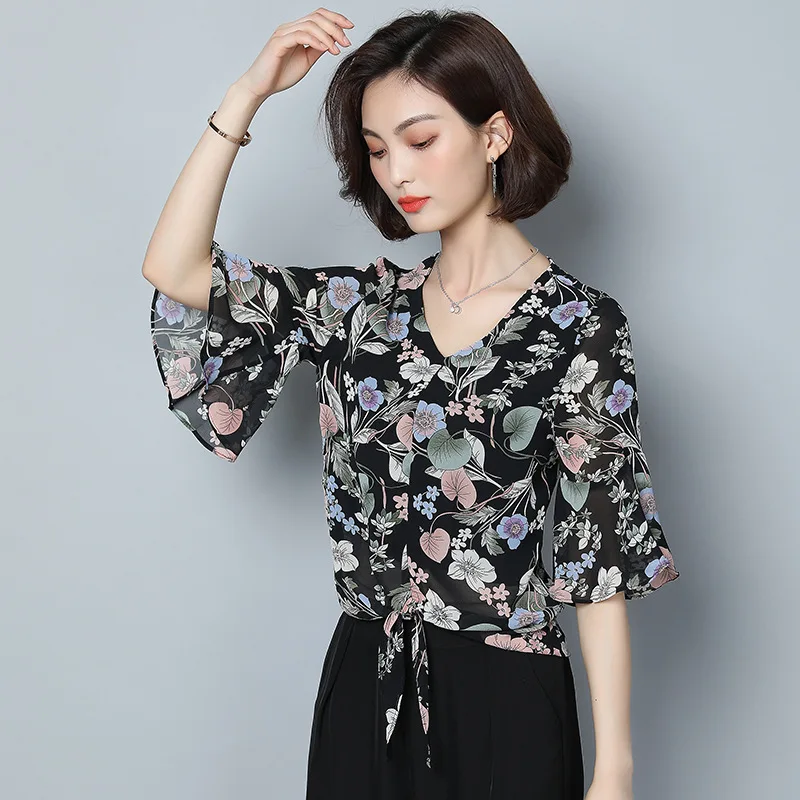 Summer Fashion Floral Loose Leisure Bohemian Wind Print Women Chiffon Shirts Blouses |