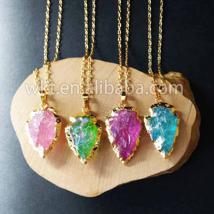 

WT-N569 natural crystal quartz with titanium electroplated arrow stone necklace,colorful arrowhead crystal quartz stone necklace