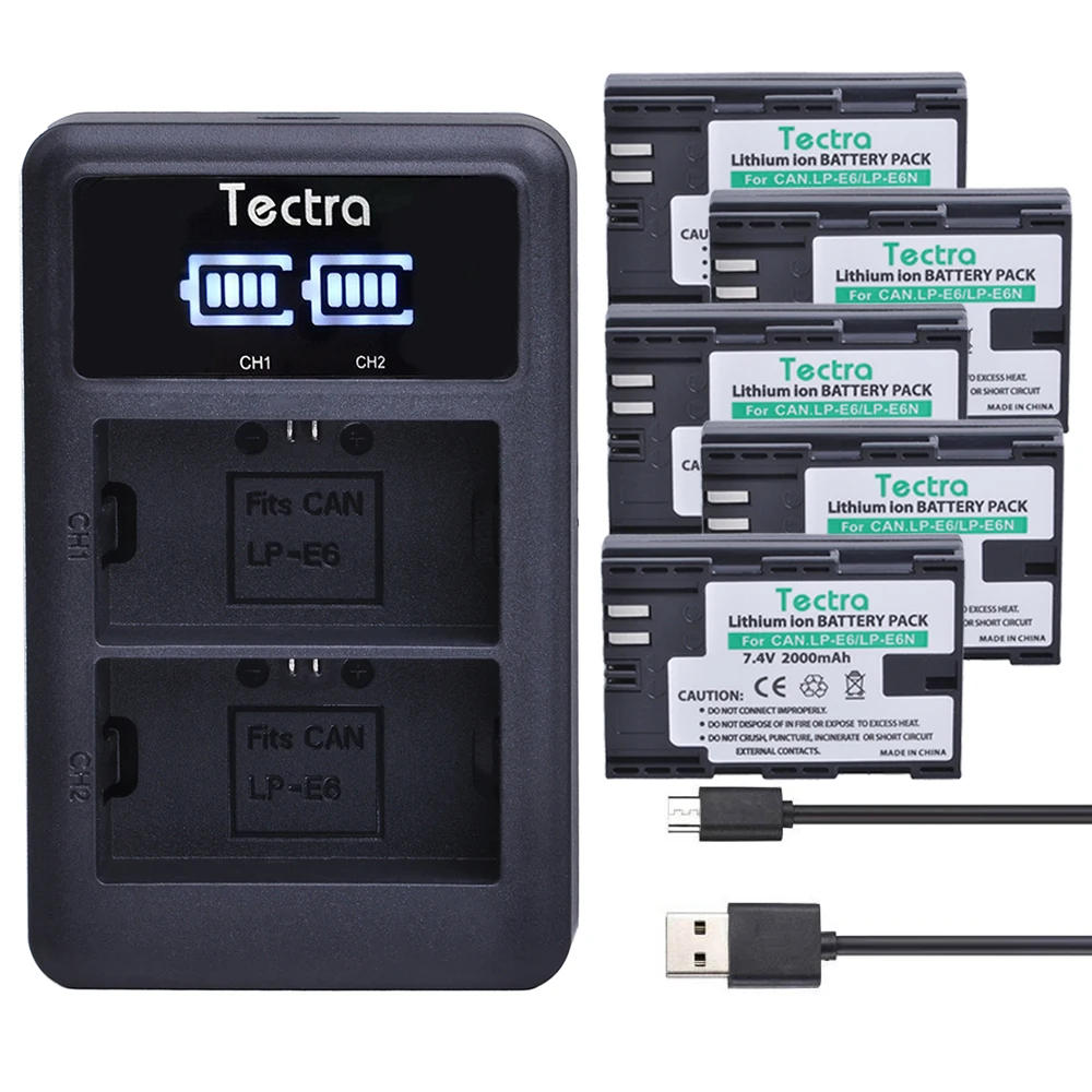

Tectra 5 x LP-E6 LP E6 LP E6N цифровой аккумулятор + светодиодный дисплей USB двойное зарядное устройство для Canon 5DS 5D Mark II Mark III 6D 7D 60D 60Da 70D