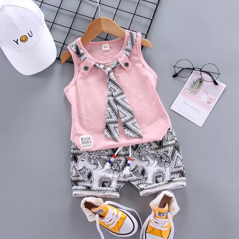 XH tie pink Новое летнее платье для новорожденных, для маленьких мальчиков Одежда для девочек Детская Хлопковая футболка с короткими рукавами для детей в возрасте 2 шт./компл. из мультфильма «Город героев»; модные детские спортивная одежда спортивный костюм - Цвет: XH tie pink