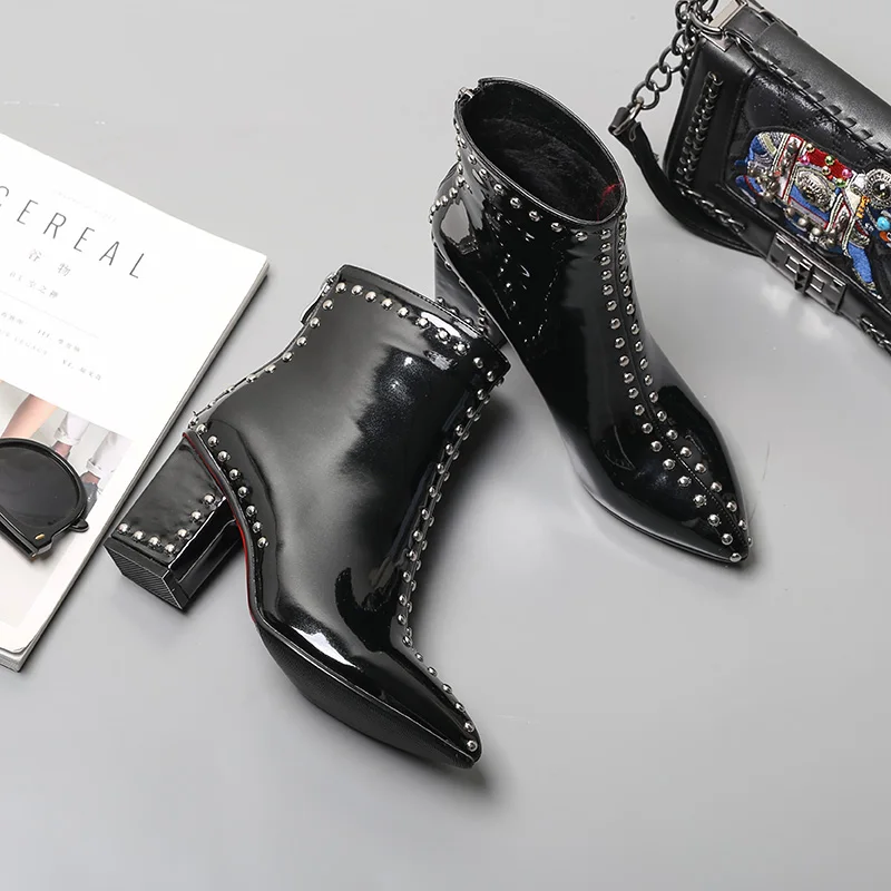 WETKISS High Heels Women Ankle Boots Pointed Toe Footwear Patent Pu Rivet Ladies Boot Fashion Party Shoes Women New Winter