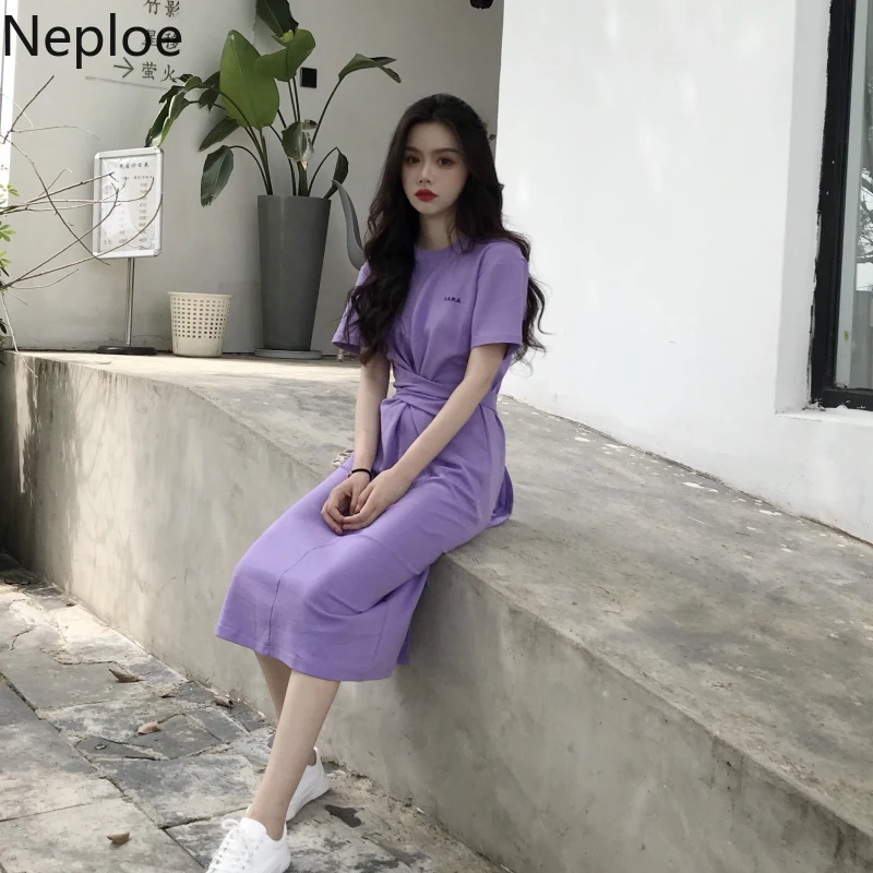 Neploe корейское однотонное женское платье 2019 летнее новое с круглым вырезом