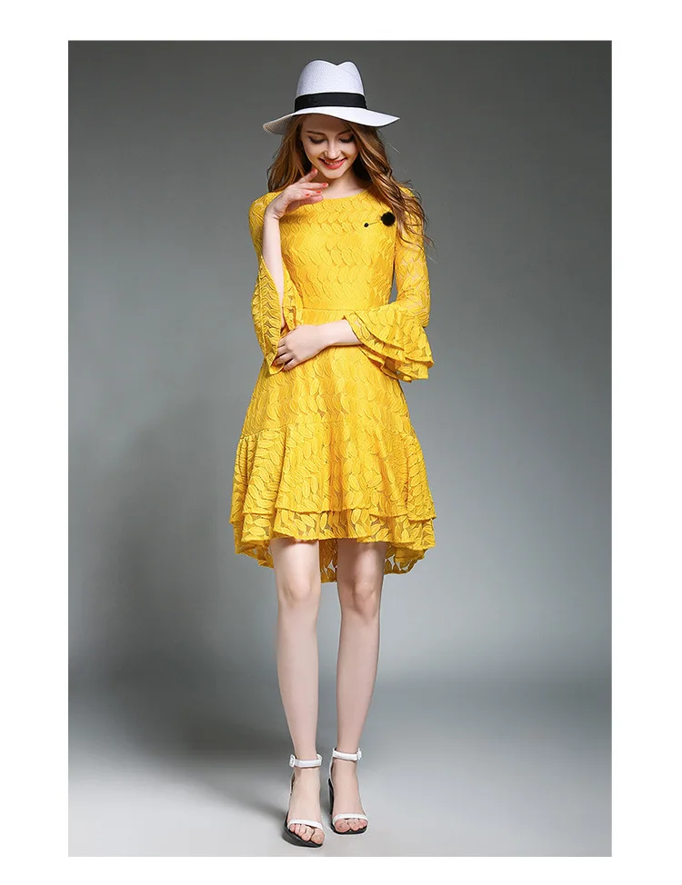 2017 Summer Elegant High Quality Sexy Lace Dress Seven Horns Sleeves O-Neck Asymmetrical Flare-Length | Женская одежда