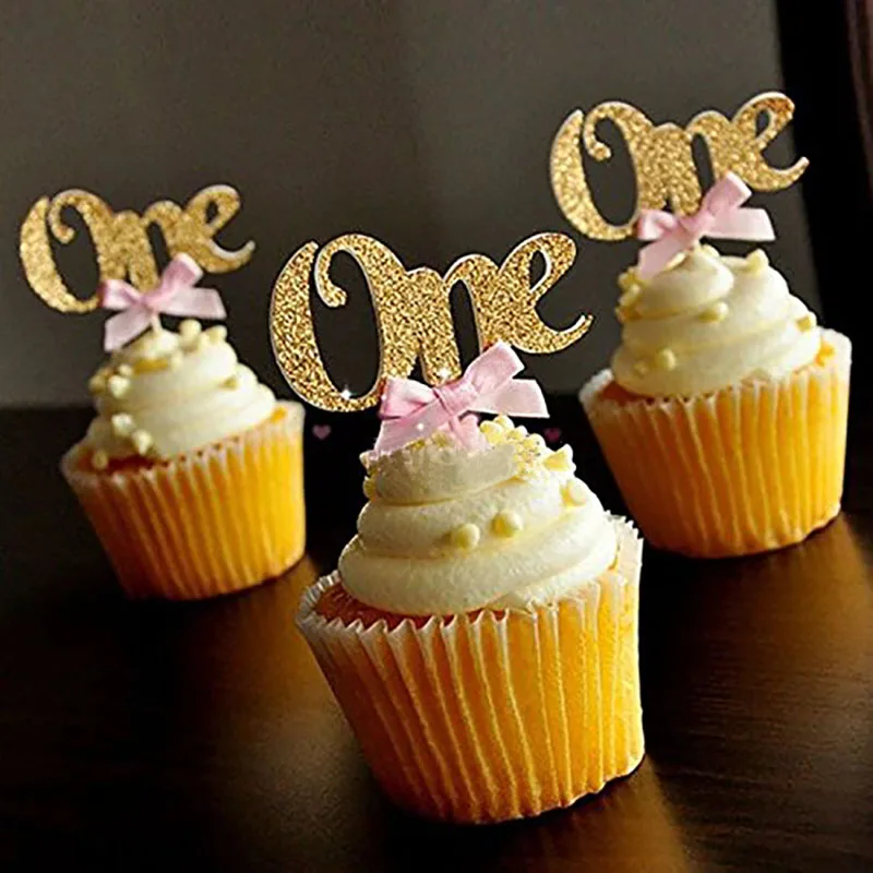 

10/6Pcs Glitter Paper 1 Cupcake Toppers First Birthday Party Decorations 1st Birthday My One Year Baby Boy Girl Supplies