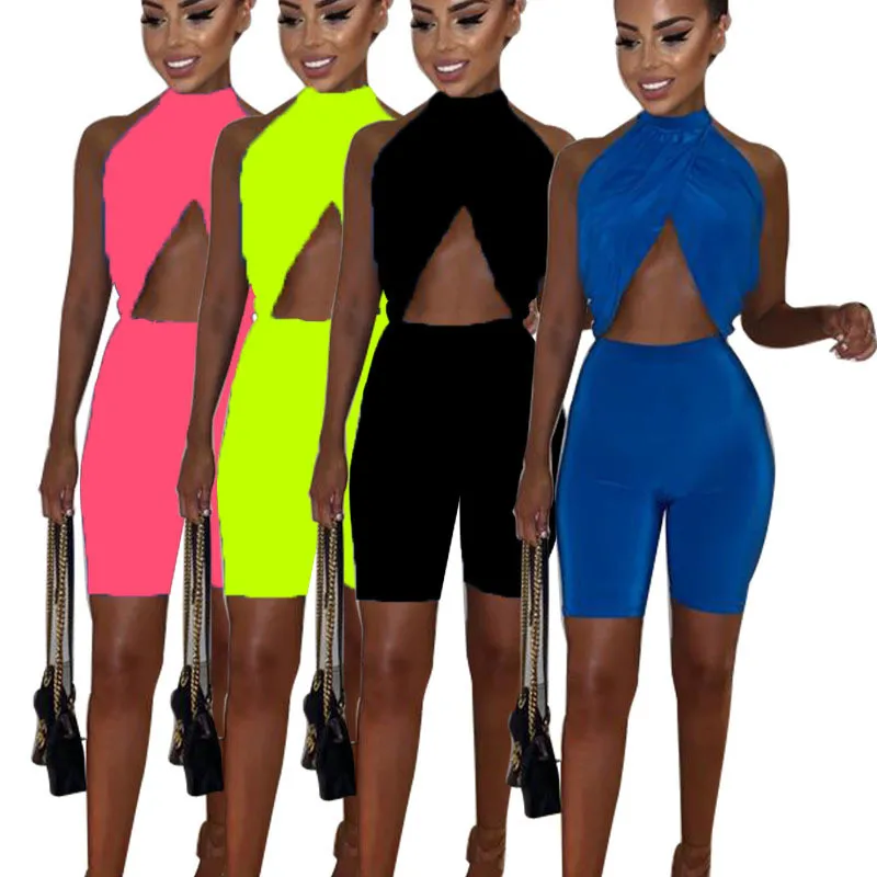 Женский неоново-зеленый комплект из двух предметов летний топа и шорт с лямкой на