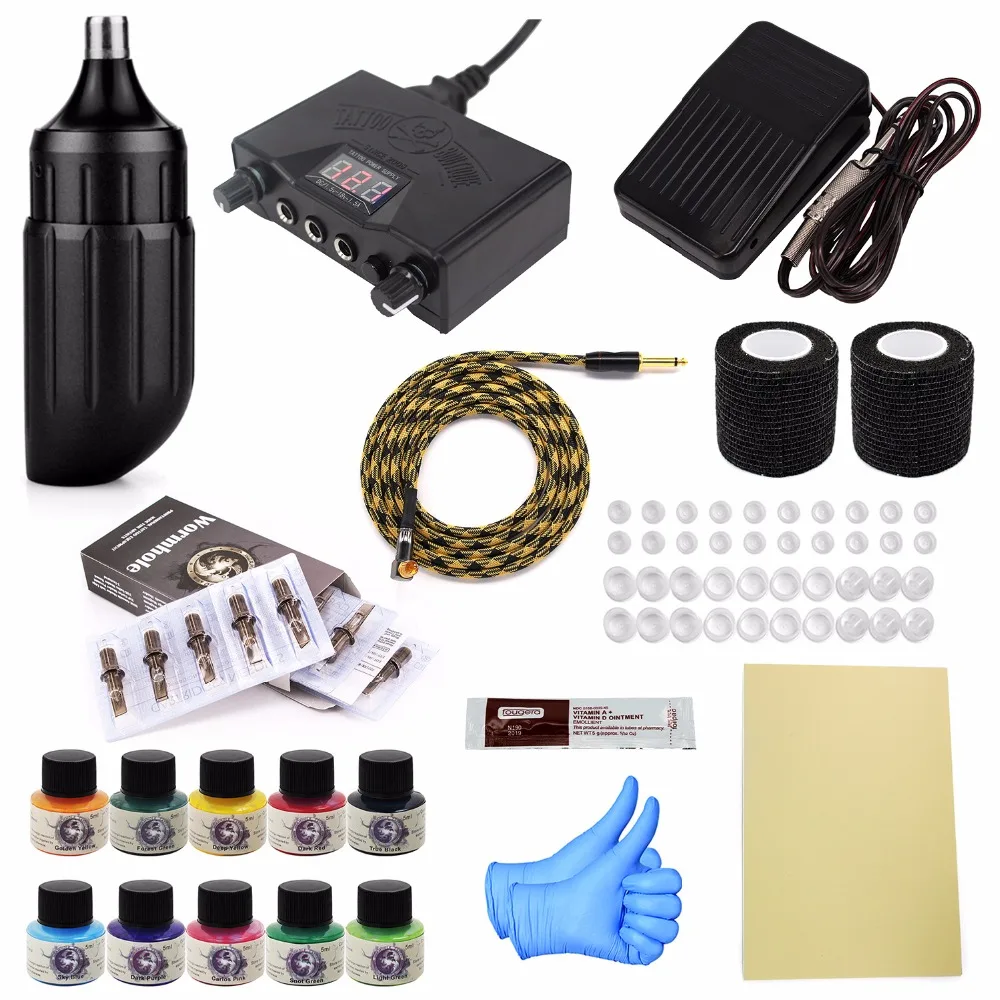 Motor Tattoo Machine Kit Completed Set for Beginner LCD Power Supply 20 pc Ink Tattoo Needle Cartridge Tattoo Practice Skin Clip