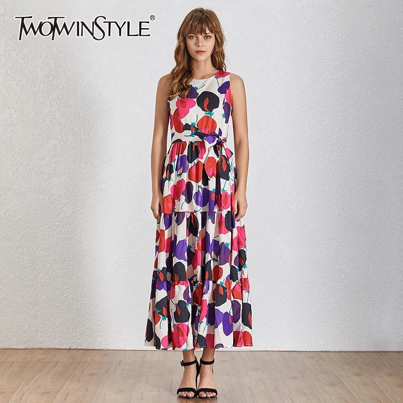 TWOTWINSTYLE повседневное с принтом без рукавов женское платье круглым вырезом и