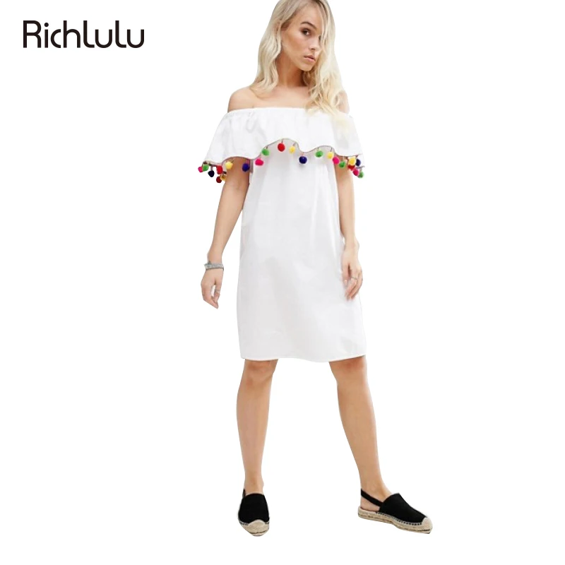 Richlulu 2017 пикантные пляжные Повседневное белое платье Для женщин жабо Slash Средства