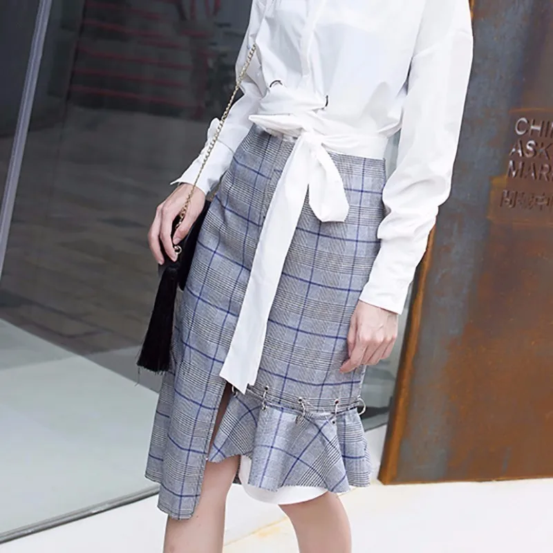 Женская Асимметричная юбка с высокой талией GALCAUR клетчатая повседневная