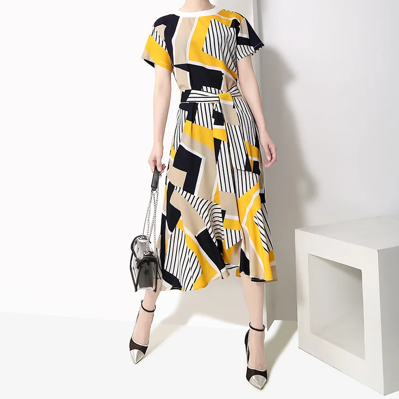 

Женское Короткое платье-трапеция с геометрическим принтом, элегантное вечернее платье с поясом, лето 2019