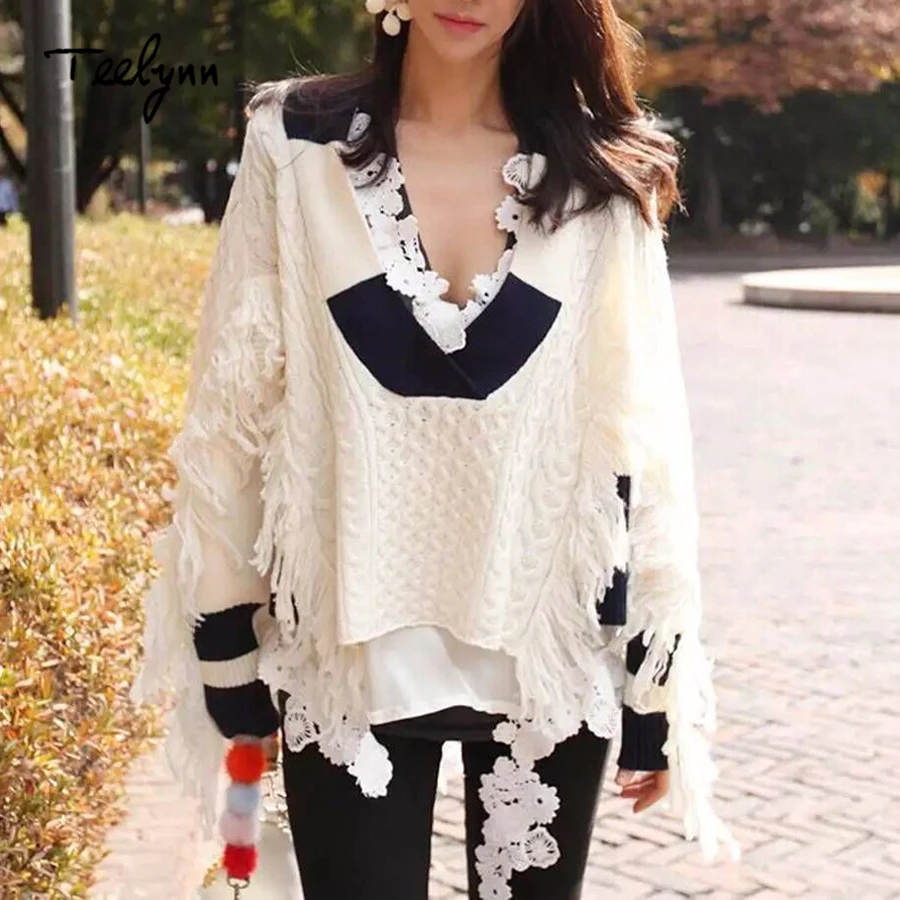 TEELYNN белый свитер в стиле бохо 2020 зимний сексуальный Полосатый пуловер с глубоким