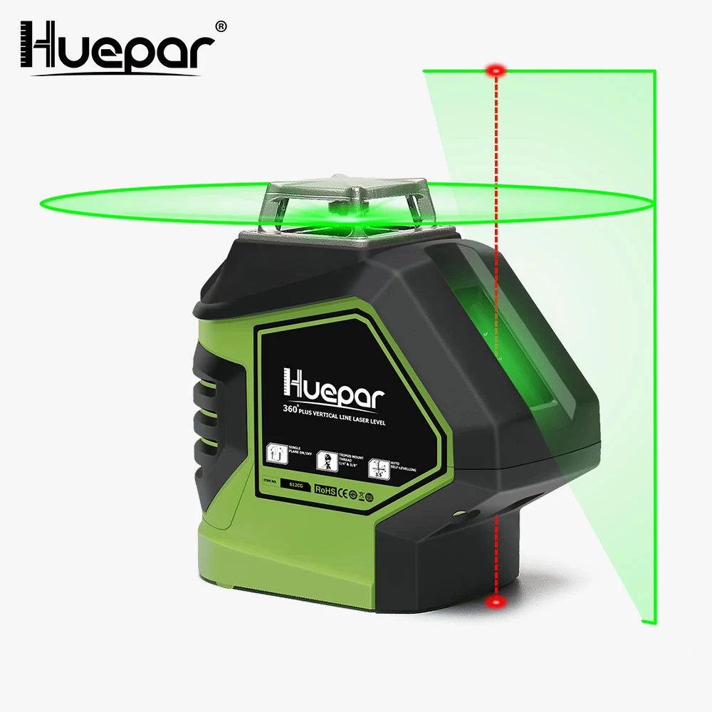 Huepar лазерный уровень зеленого луча с 2 точками самонивелирующийся 360 3D вращающаяся поперечная линия Вертикальная Горизонтальная 5 линия измерительный инструмент
