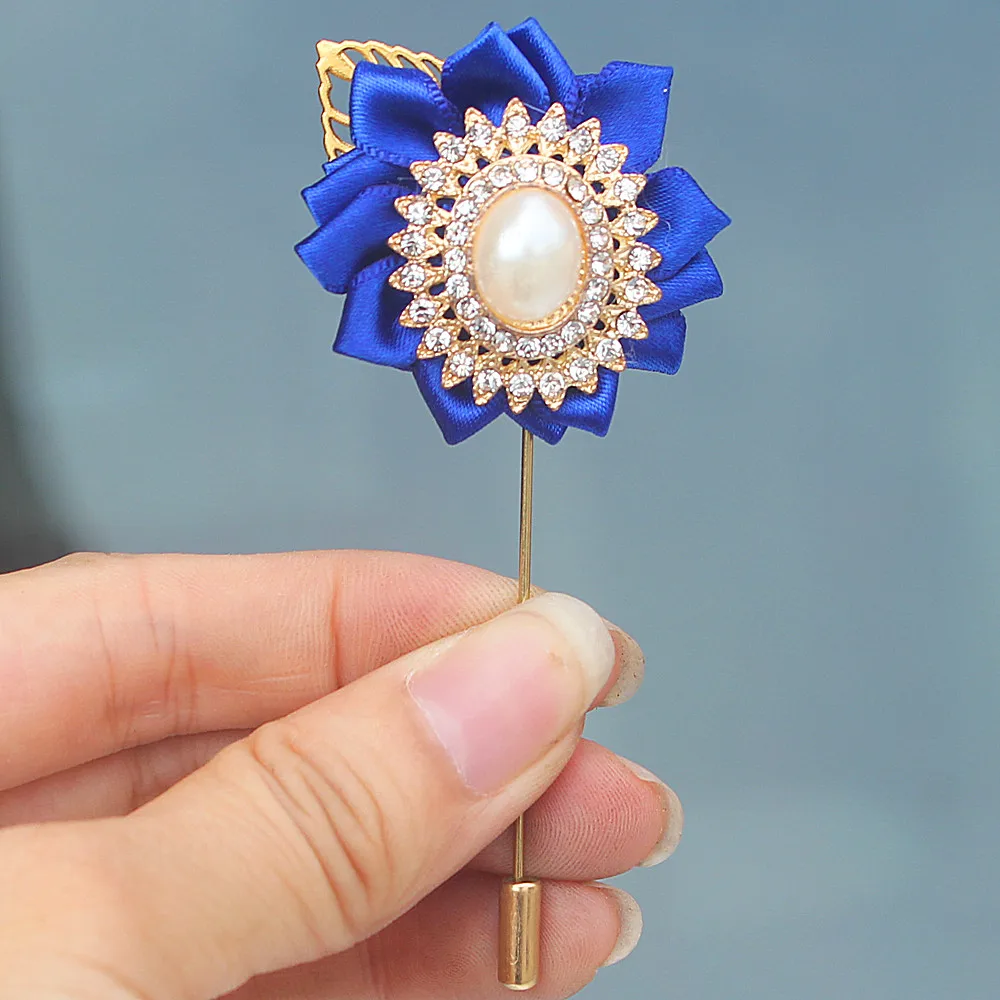 

Royal Blue Satin Flowers Wedding Men Suit Corsage Golden Alloy Jewelry Brooch Wedding Party Pin Brooches Decor XH1809