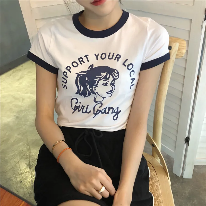 Support your local Girl gang fashion print Harajuku female shirt New Summer Retro Ulzzang Casual Kawaii tops cotton women | Женская