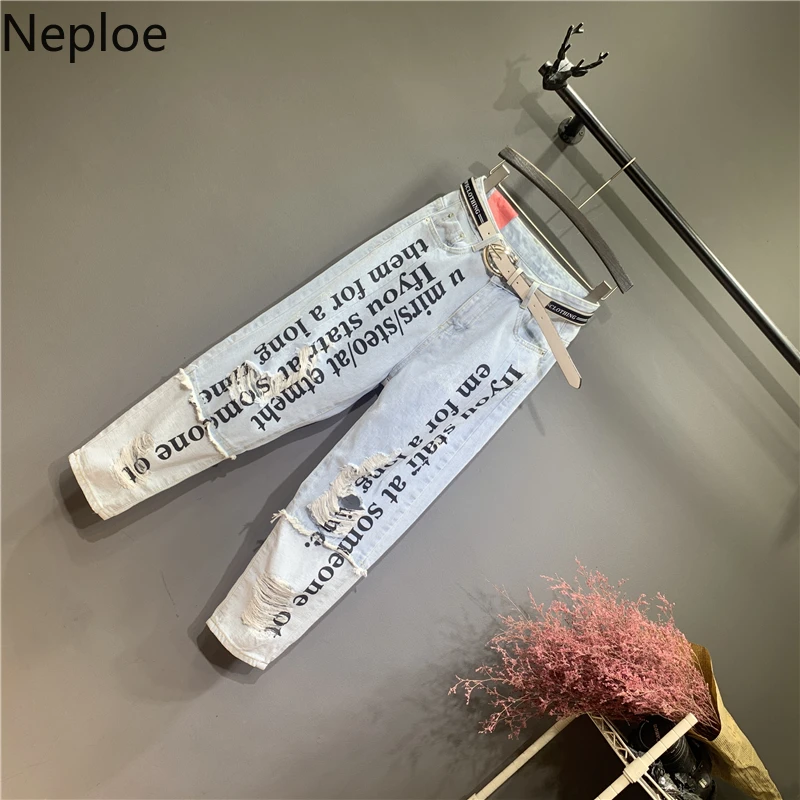 Neploe корейские летние джинсы с принтом женские свободные буквы нижний зев из