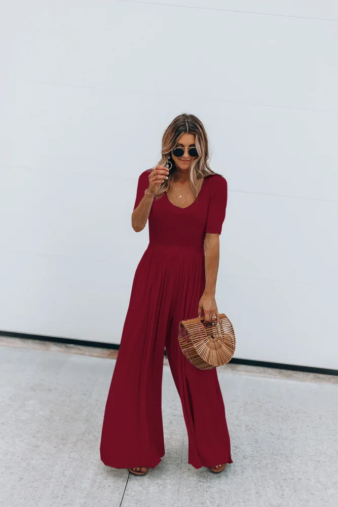 

Women Jumpsuit Romper Short Sleeve Casual Playsuit Overalls Ladies Wide Leg