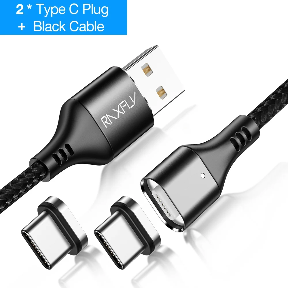 2 Plug Black Type C Магнитный кабель RAXFLY 3A, зарядное устройство для samsung S8 S9, Магнитный зарядный провод для huawei mate 20 Pro, магнитный Micro usb type-C кабель - Цвет: 2 Plug Black Type C