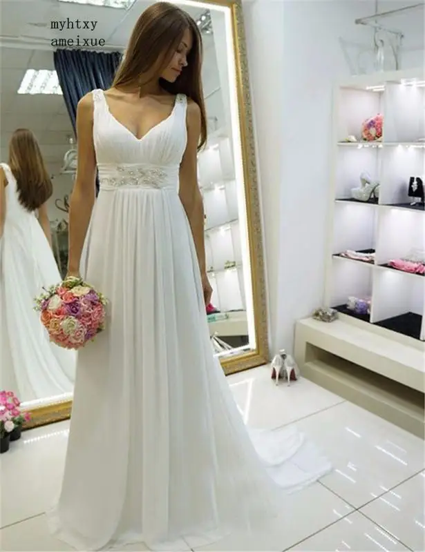 Beach Vestido De Noiva 2020 Cheap Wedding Dresses Deep V-neck Chiffon Beaded Boho Dubai Arabic Wedding Gown Bridal Dresses