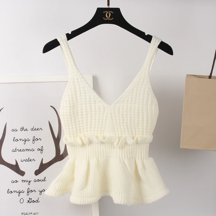 MISSFEBPLUM Korean Harajuku Pullover Women Sweater Vest 2020 Autumn Winter Sleeveless Ruffle Cropped Peplum Tops Knitwear Jumper |