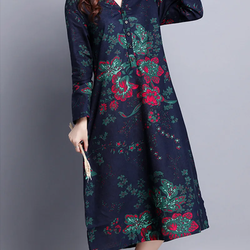 Женское Хлопковое платье с цветочным принтом свободное винтажное в стиле ретро
