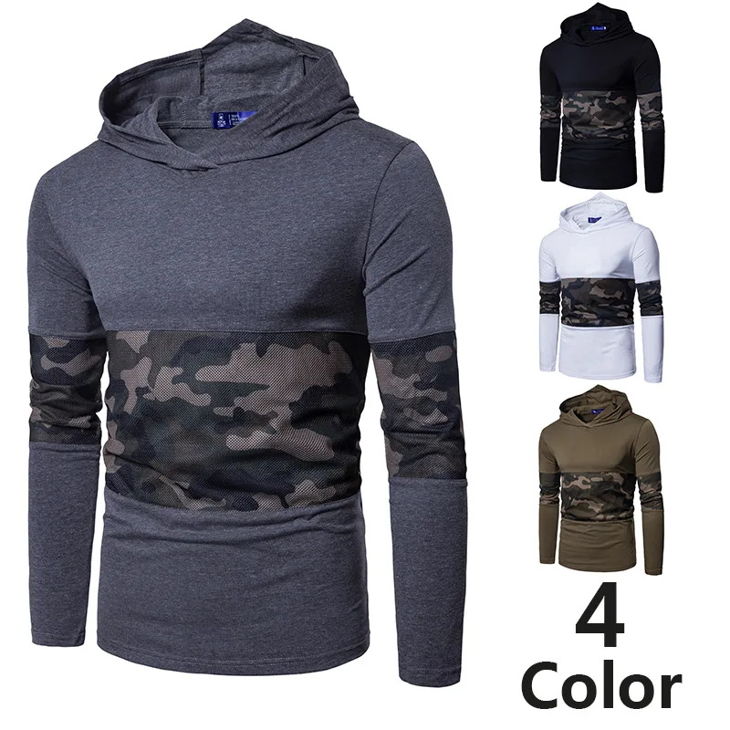 2019 fall and winter new men's camouflage cap long-sleeved T-shirts fashion splice men Sleeve collar casual Cotton | Мужская одежда