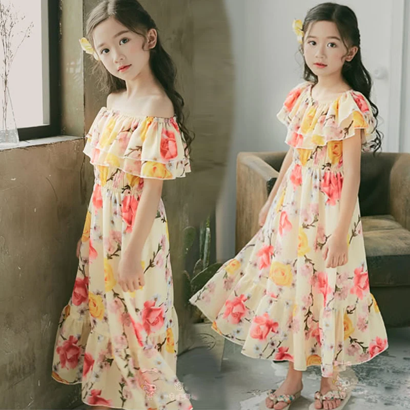 

Children Dresses for Girls Off Shoulder Foral Dresses Children Clothing Short Sleeve O-Neck Baby Kids Clothes for 2019 Fashion