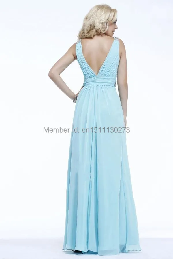 2014 Free Shipping Hot Sale Custom Made Sexy A-Line V-Neck Backless Pleat Beads Floor-Length Chiffon Prom Dresses Evening Gowns | Свадьбы и