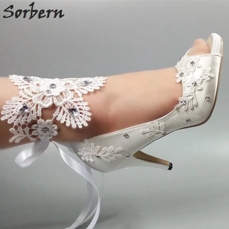 Sorbern Elegant White Silk Lace Wedding Shoes Crystal Ankle Lace Straps Peep Toe Shoes Women 2018 New Arrival 5/8/10Cm High Heel