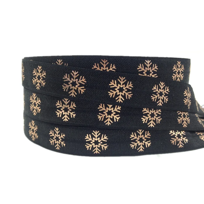 

Rose Gold Snowflake Print Fold Over Elastic 5/8" FOE Ribbon 10 Yard/lot for Hair Tie Hair Accessories wholesale