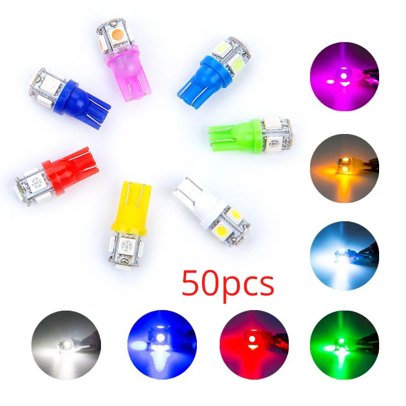 50X светодиодный 10 W5W Светодиодная лампа 5 SMD светодиодные лампы белого синего