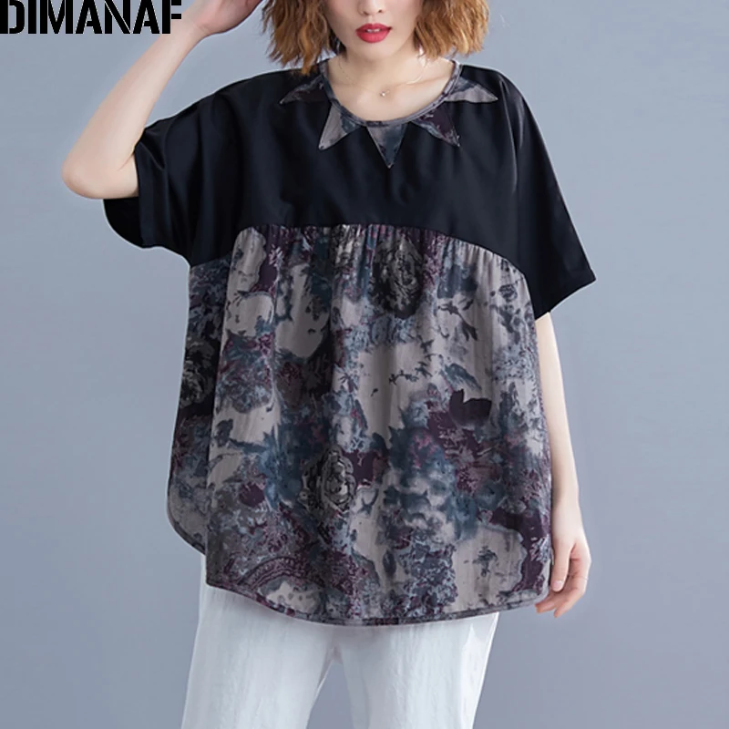 Женская винтажная блузка DIMANAF черная свободная туника с принтом повседневная