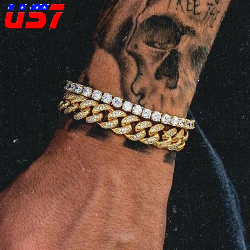 Золотой цвет Iced Out кубинские звенья цепи браслеты для мужчин Bling браслет, полностью из стразов хип-хоп рэппер ювелирные изделия